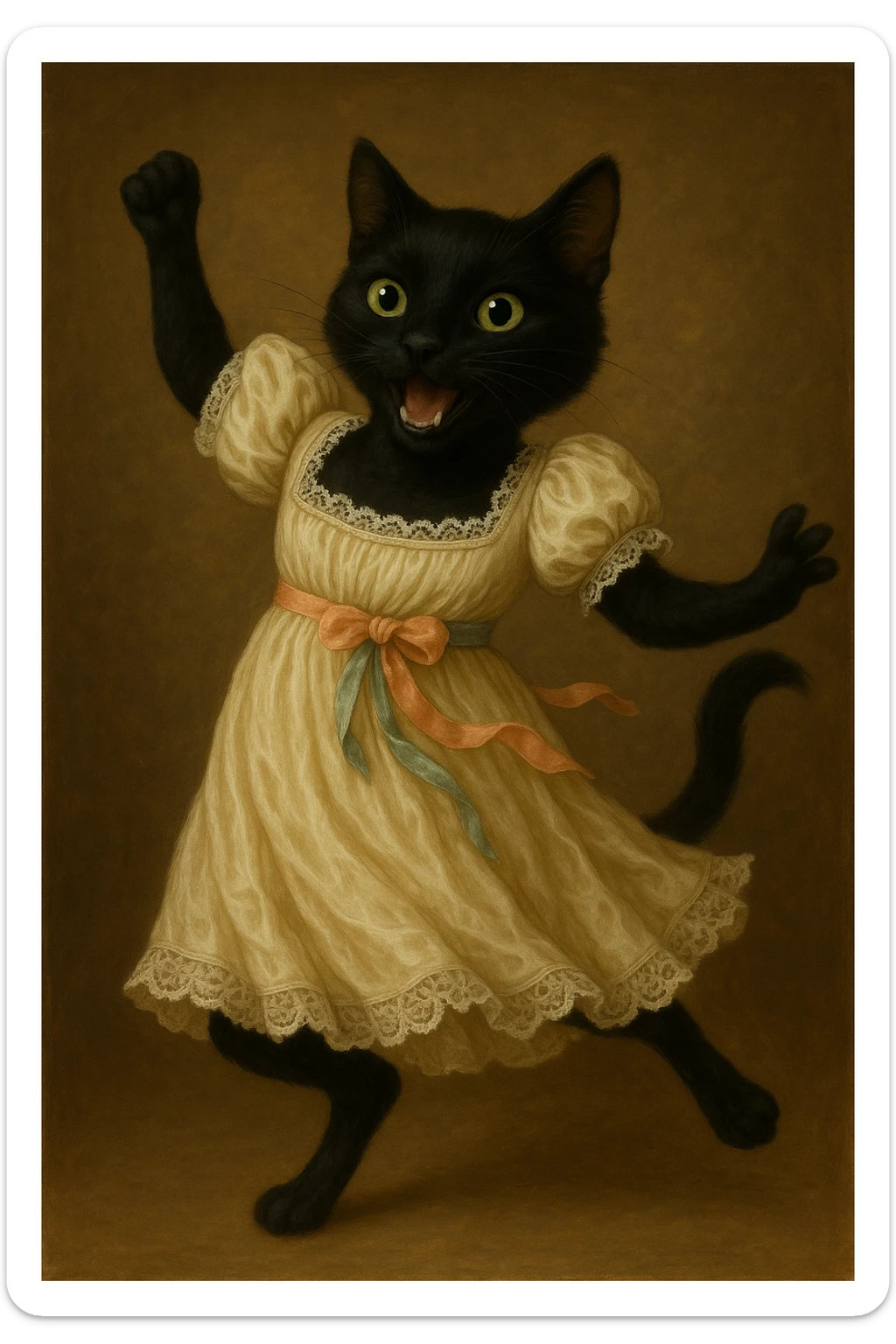 Make the black cat more playful with an energetic stance and happy face, still in Regency dress with lace and ribbons inspired by Pride and Prejudice. Emphasize playfulness and energy while preserving the detailed Regency attire. sticker