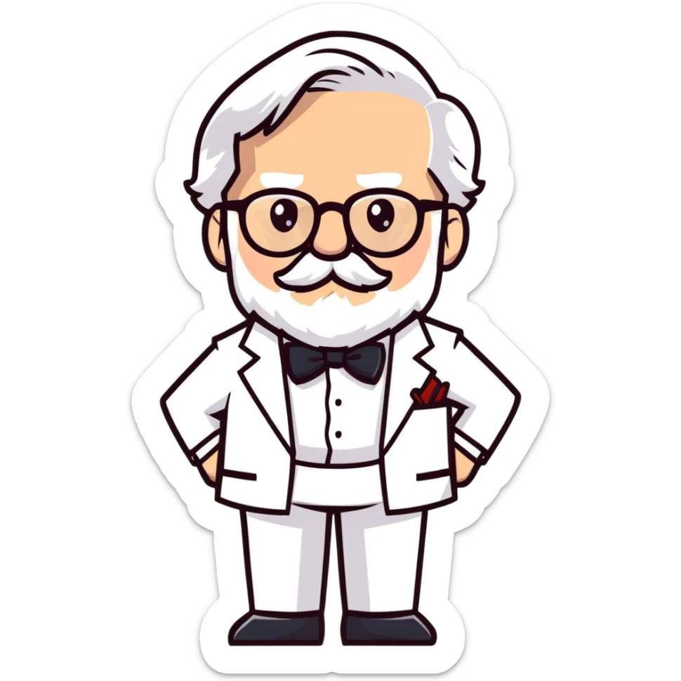 Colonel Sanders KFC, old man with white hair, white goatee, black bow tie, white suit, glasses sticker