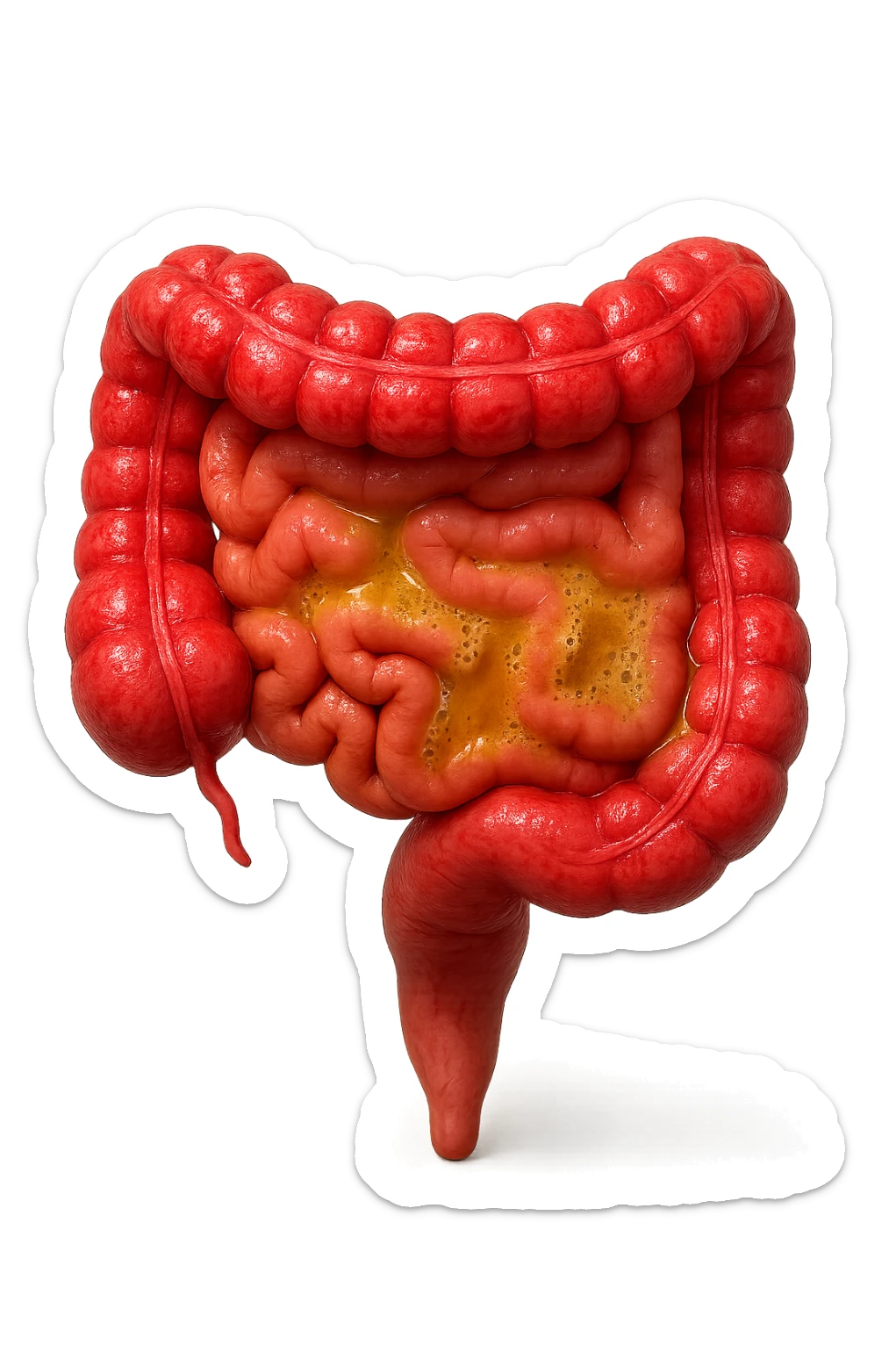 intestino anatomico umano affetto da gastroenterite, diarrea liquida nel colon ben visibile, iperrealistico 4k sticker