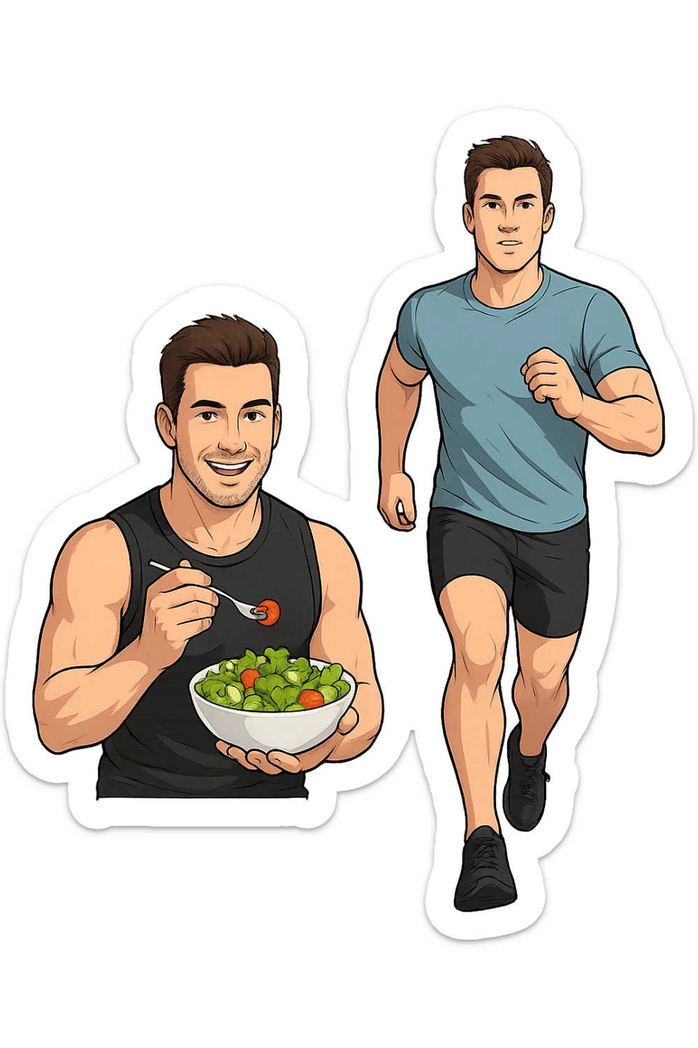 UOMO FITNESS CHE MANGIA INSALATA ACCANTO A UOMO FITNESS CHE CORRE IN POSA FRONTALE sticker