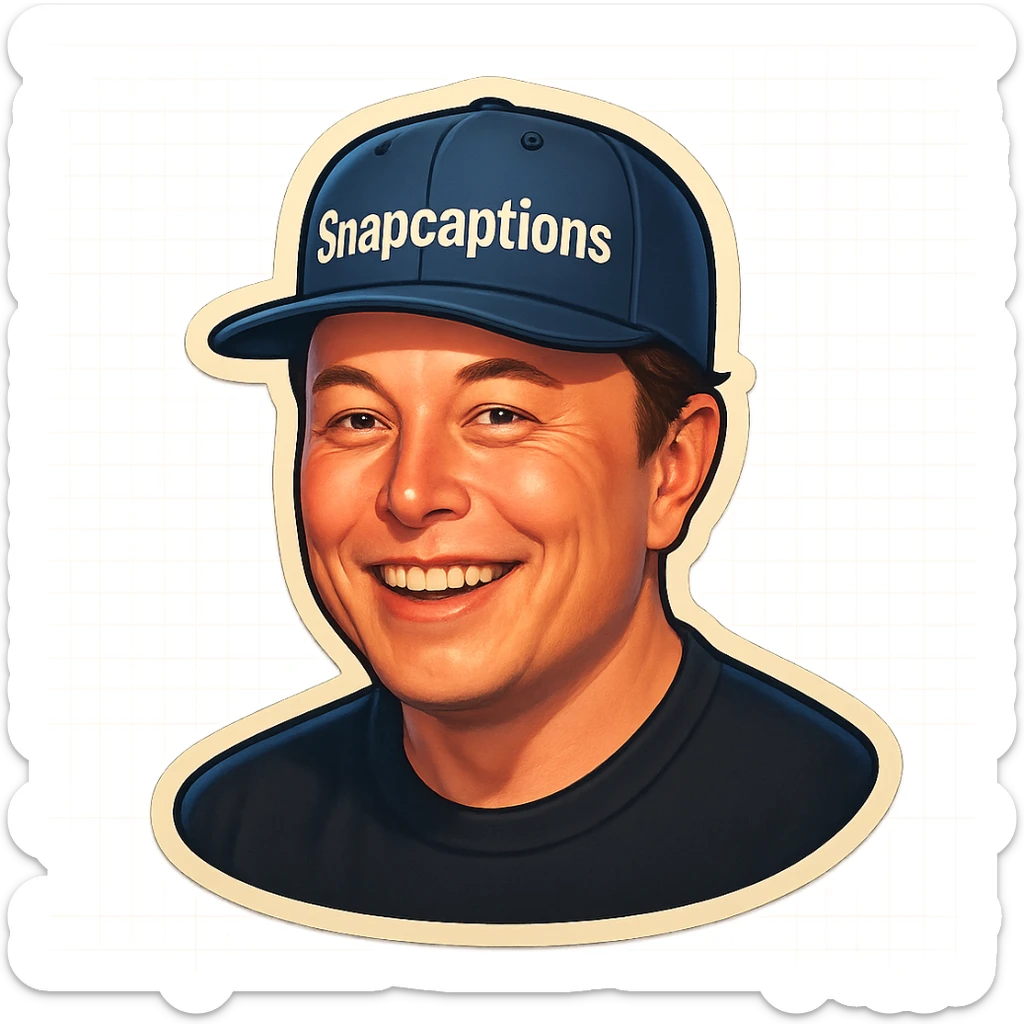 sticker of Elon Musk wearing a baseball cap with the name 'Snapcaptions', retro sticker style, playful and bold sticker
