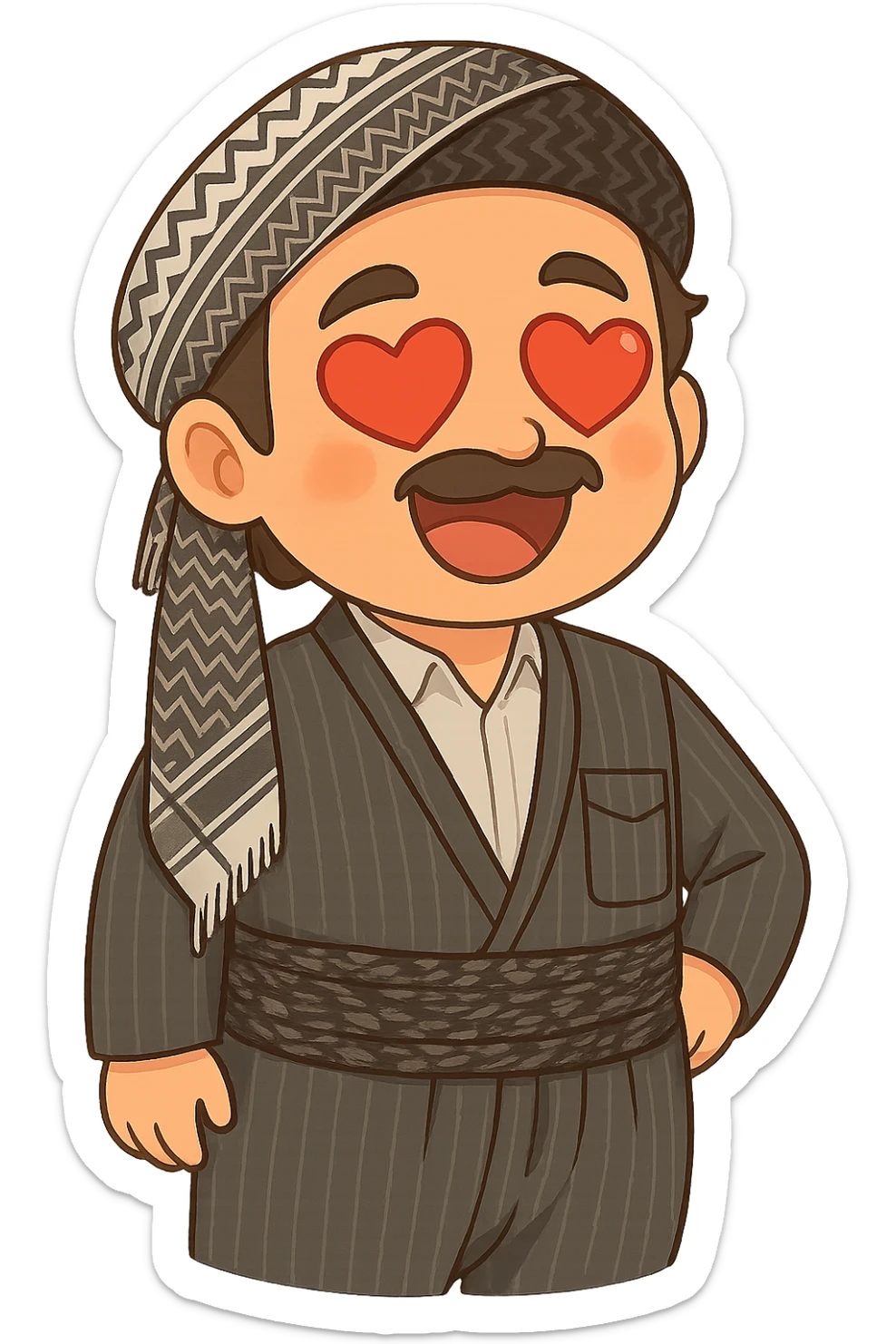 Create a colorful and cheerful cartoon sticker of a Kurdish man wearing the same clothes and scarf as the reference image, with no changes to the outfit or scarf. The face should have a romantic expression with heart-shaped eyes similar to the 😍 emoji. The image should have no shadows or color halos around it, no text, and a completely transparent background. Suitable for WhatsApp and Instagram. sticker