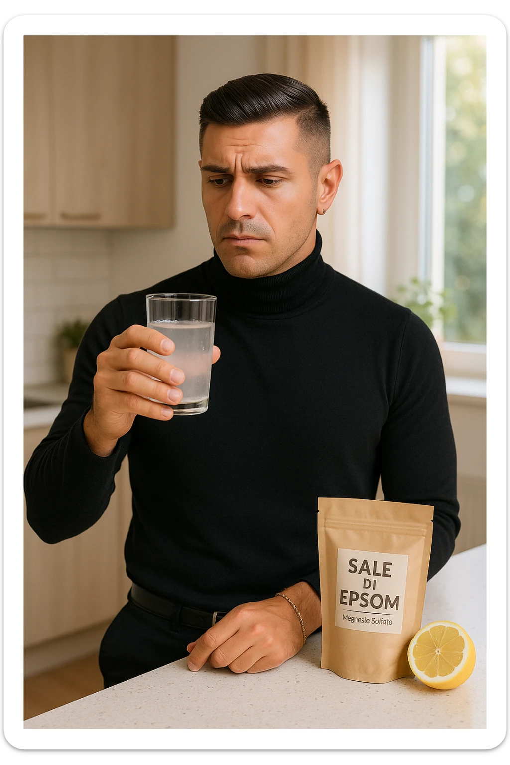 A realistic, bright photo-style image of a young man in his 30s standing in his kitchen, holding a clear glass filled with water in which Epsom salt (magnesium sulfate) has been dissolved. He looks focused but slightly uncertain as he prepares to drink it for a liver flush or digestive cleanse. The glass shows slight cloudiness from the dissolved salt. On the counter are a packet labeled 'Sale di Epsom' and a sliced lemon, suggesting he might use it to mask the taste. The setting is clean, natural, and bright with neutral tones. The background shows sunlight streaming through a window, emphasizing a clean, minimalist health-focused environment. The mood conveys a realistic, calm moment of self-care with a hint of discomfort, illustrating a natural detox practice in italiano sticker