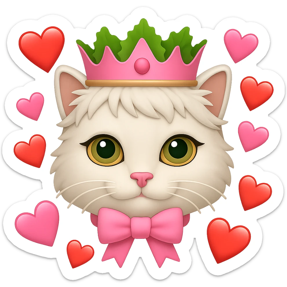 Make the hearts larger around the white cat with a pink bow and a green lettuce crown in the style of emoji. Remove the background. sticker