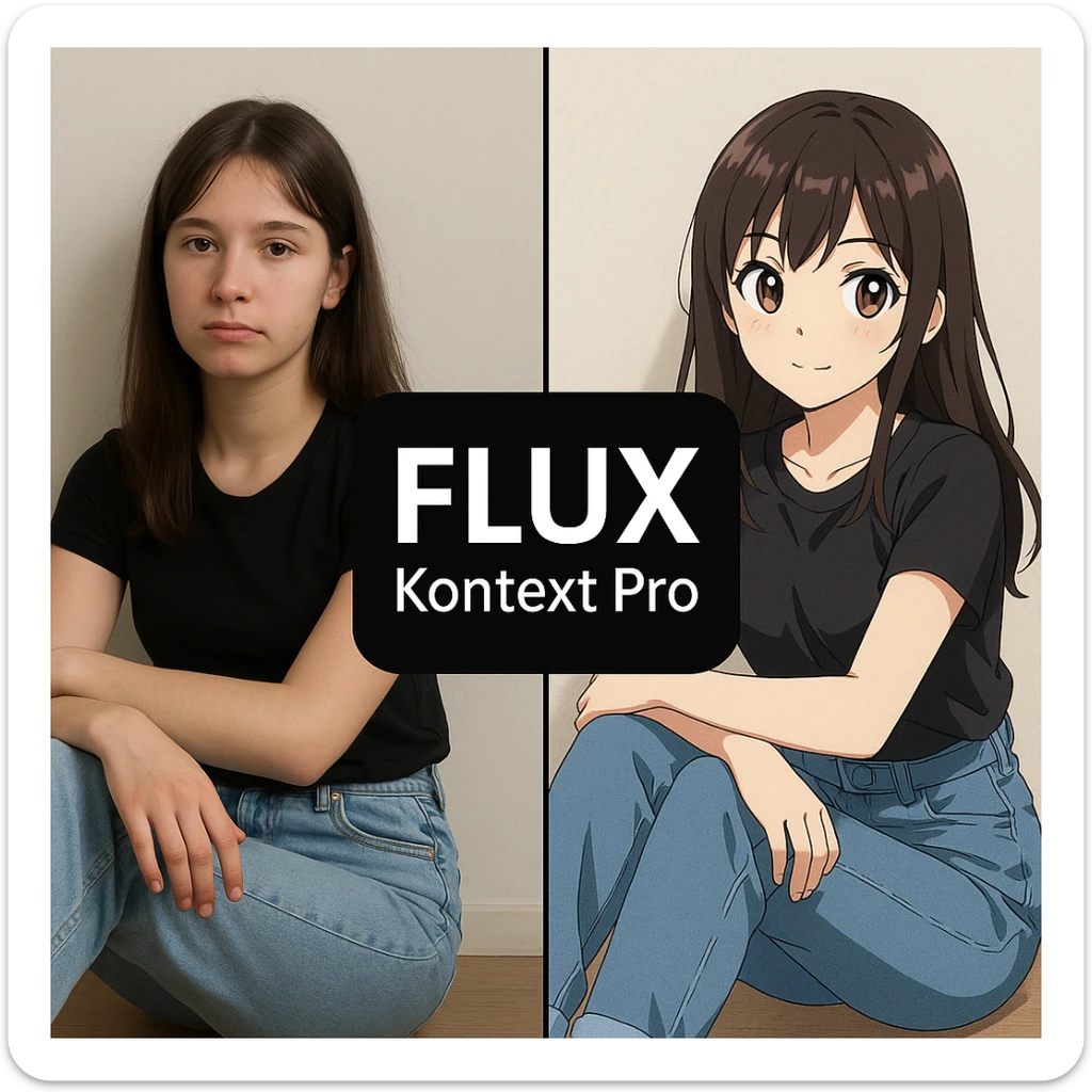 create before after image of a girl before is realsitic photo, after is anime version of her in same pose and clothes, add logo with text of a "FLUX Kontext Pro" in middle in big, black background sticker