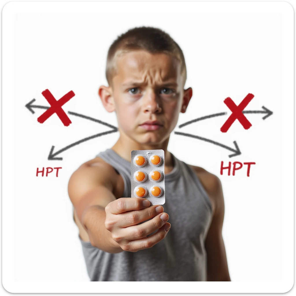 young athlete holding blister pack of oral steroids, stylized HPT axis diagram with red X behind, worried expression, isolated on white background sticker