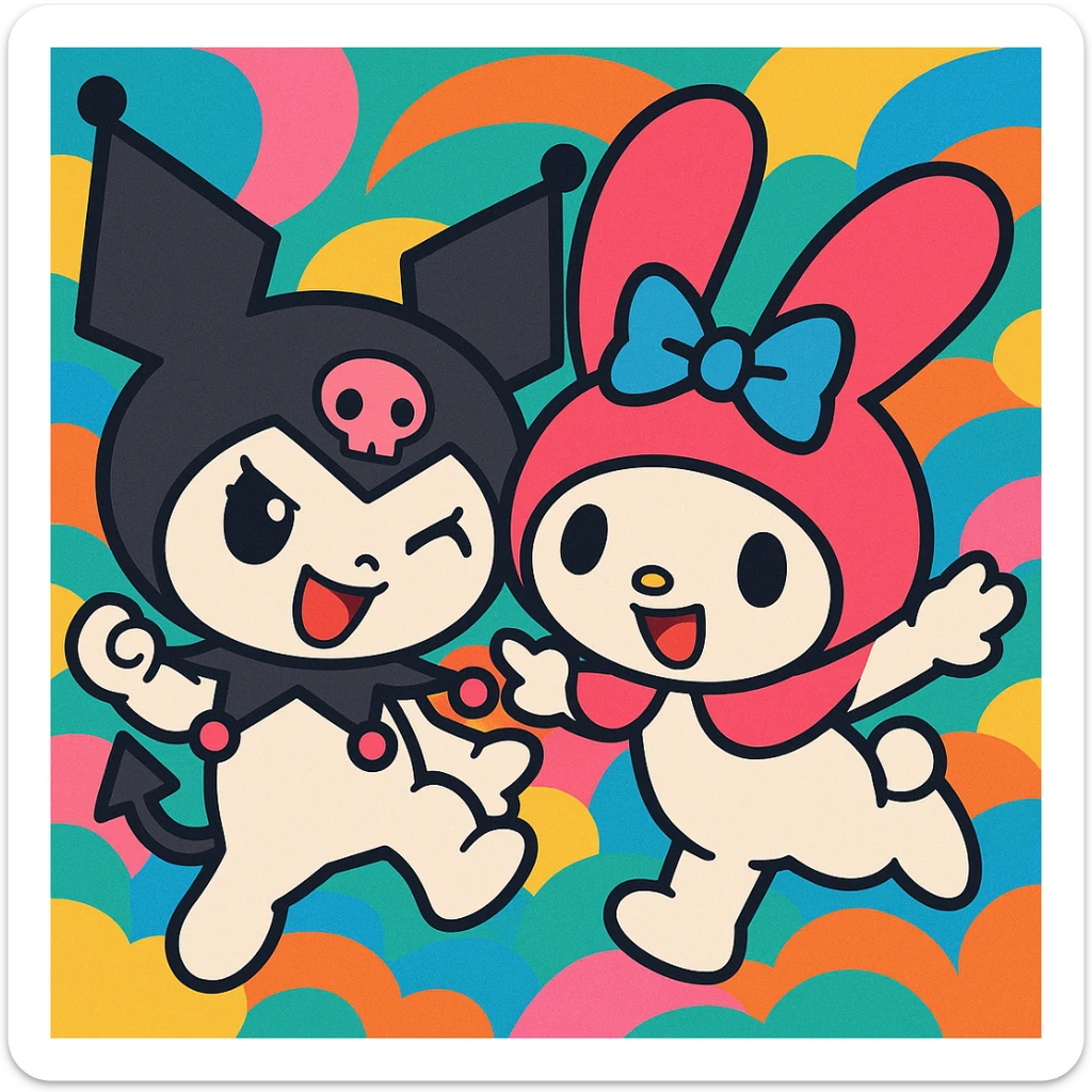 Kuromi and My Melody together, anime style, vibrant colors, expressive faces, dynamic pose sticker