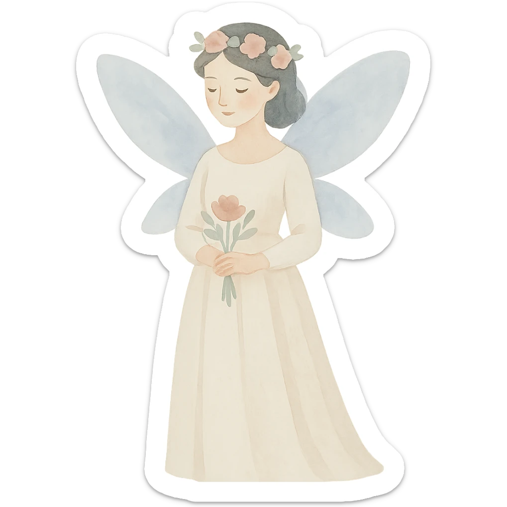 watercolor art illustration of a gentle fairy bride with delicate wings, calm pastel colors, white background, designed for sticker printing sticker