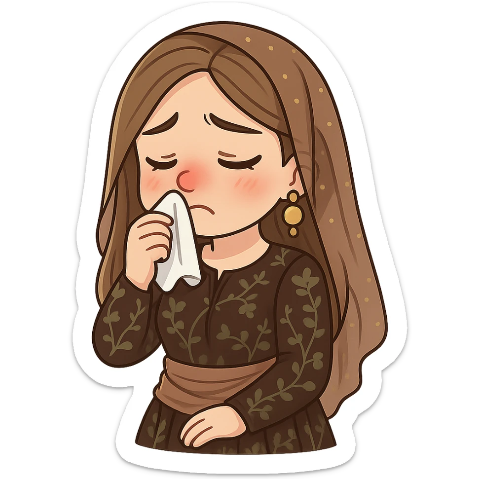 Kurdish cartoon sticker of the same woman in the new dress, sick with a cold, red nose, holding a tissue, sad face, no text, transparent background sticker