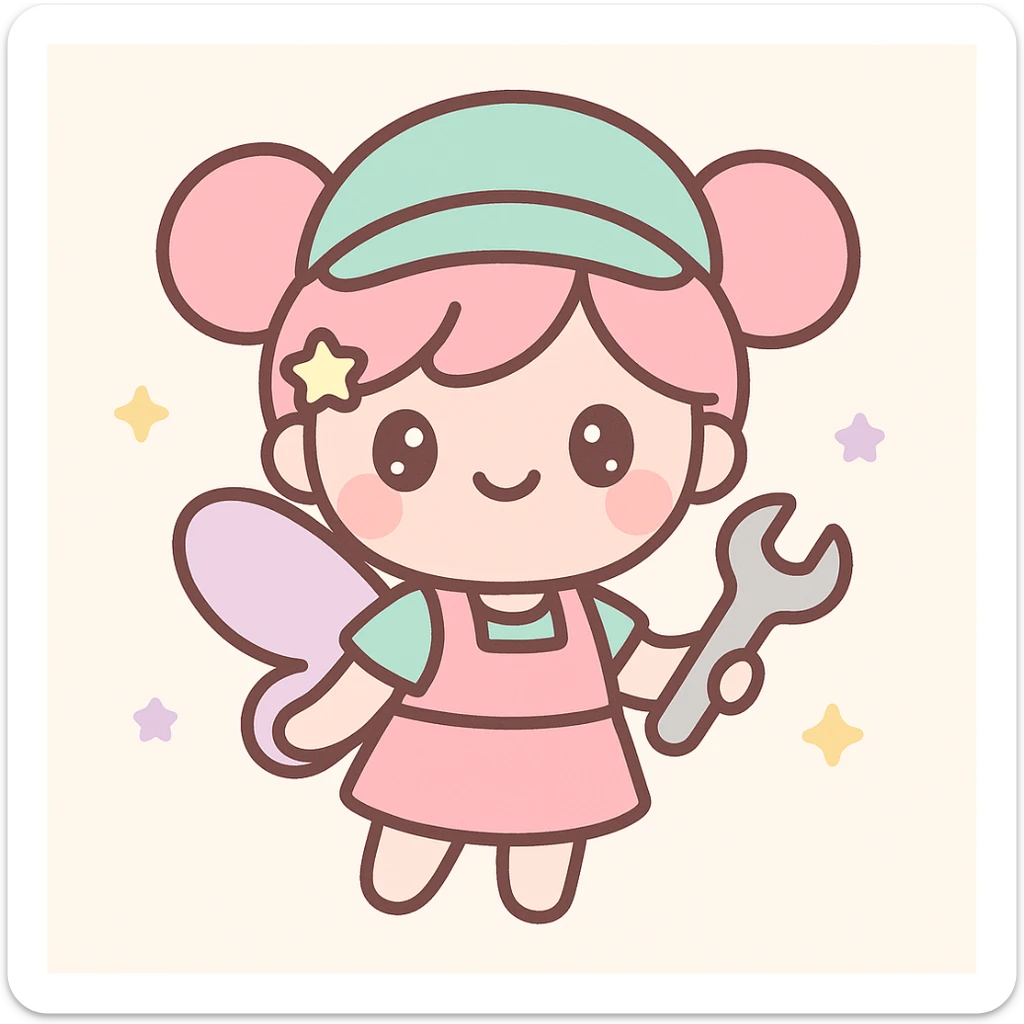 a pink fairy mechanic, smiling and holding a wrench, kawaii style sticker