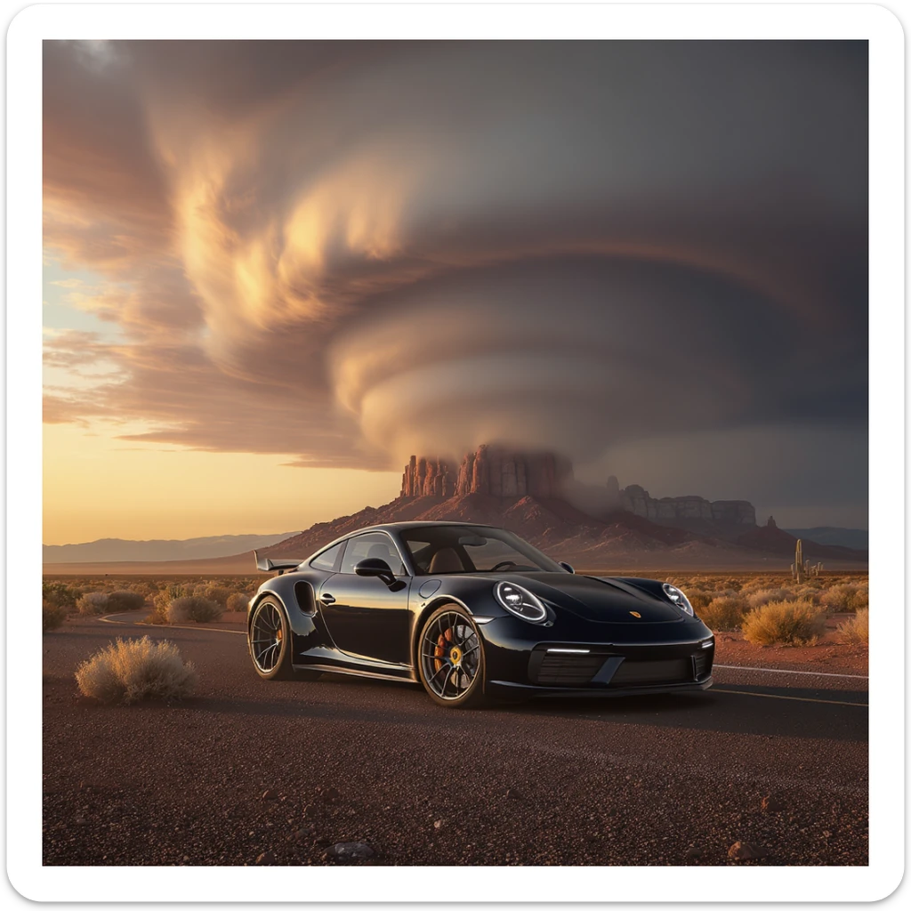 Cinematic still of a A modern desert mountain, wallpaper, modern, porsche 911, sunset, arizona desert, tornado in background sticker