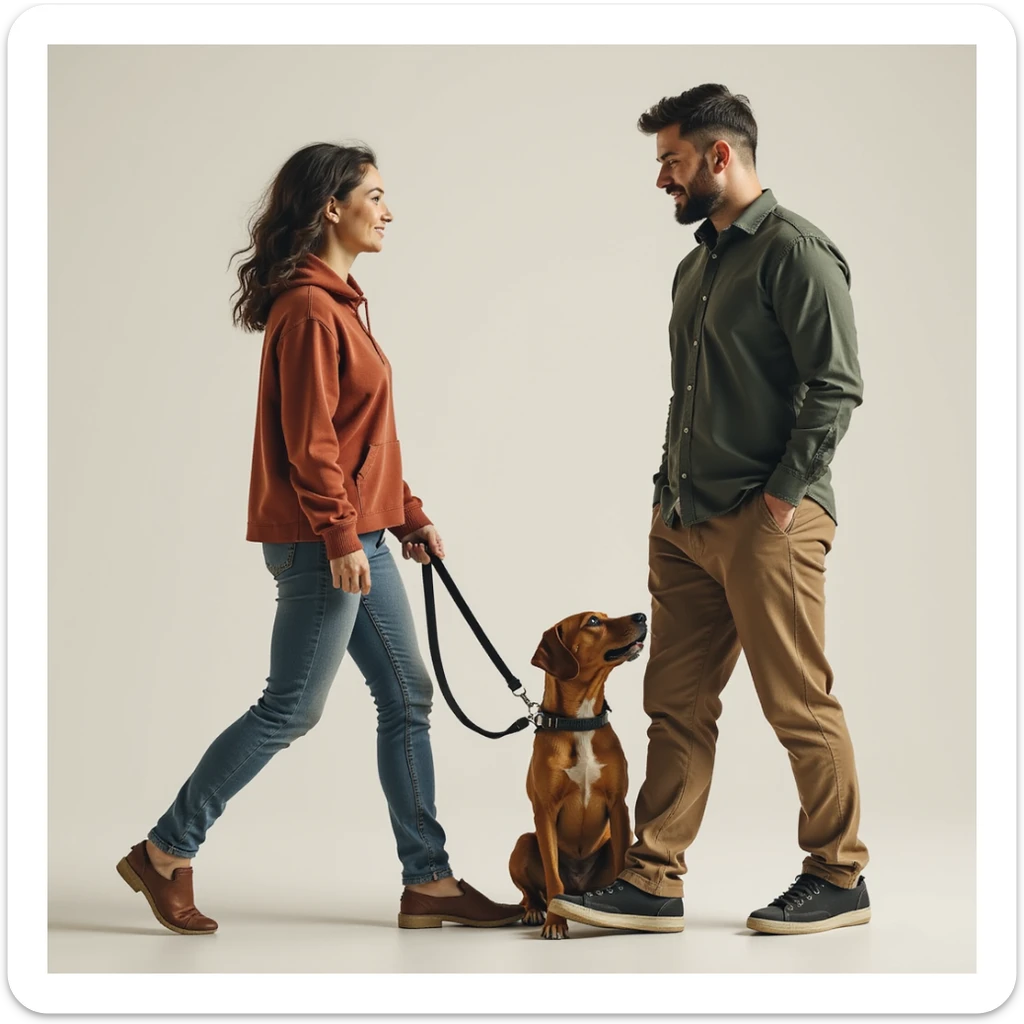 photorealistic scene of a woman leading a man on a leash, both looking relaxed and casual, transparent background sticker