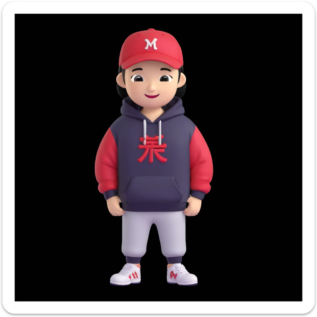 memoji-style Chinese American character for a profile photo, wearing a hoodie and a backwards baseball cap, smiling, simple background sticker