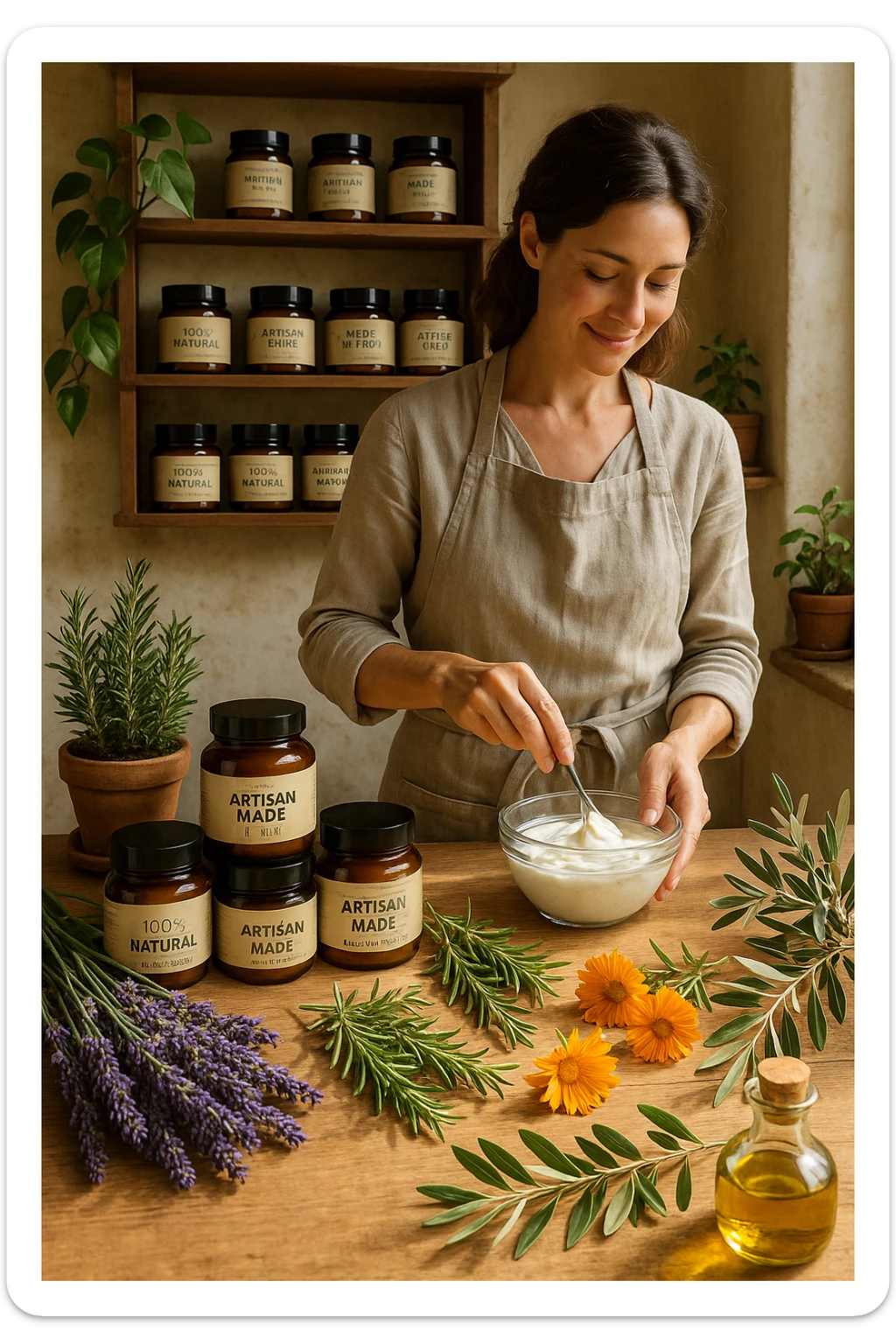 A realistic, high-quality photo of a small artisan skincare laboratory in Italy, with wooden shelves displaying beautifully packaged glass jars of natural creams made with herbal and botanical extracts, olive oil, and essential oils, clearly labeled ‘100% Natural’ and ‘Artisan Made in Italy’. The scene includes a bright, sunlit rustic workspace with plants, fresh lavender, rosemary, calendula flowers, and olive branches on the wooden counter, symbolizing purity and nature. A female artisan in a linen apron is carefully mixing creams in a glass bowl, smiling softly. The environment feels warm, authentic, and eco-friendly, emphasizing the concept of handcrafted skincare without synthetic chemicals in italiano sticker