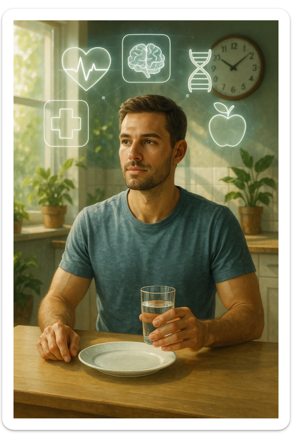 A realistic, cinematic illustration of a healthy, calm man in his early 30s sitting in a bright kitchen in the morning, with an empty plate in front of him and a glass of water in his hand, looking serene and focused. Behind him, the background shows subtle symbols of health: green plants, sunlight streaming in, and a blurred wall clock showing 10:00, symbolizing the fasting window. Above the man, a translucent overlay of medical icons (heart, brain, DNA strand) glows softly, illustrating that intermittent fasting acts as a powerful medicine, not merely a diet. The color palette is fresh and natural, emphasizing health, clarity, and focus. The style is realistic with slight cinematic tones, conveying that the man is using intermittent fasting as a tool for cellular regeneration, inflammation reduction, and health optimization rather than weight loss sticker
