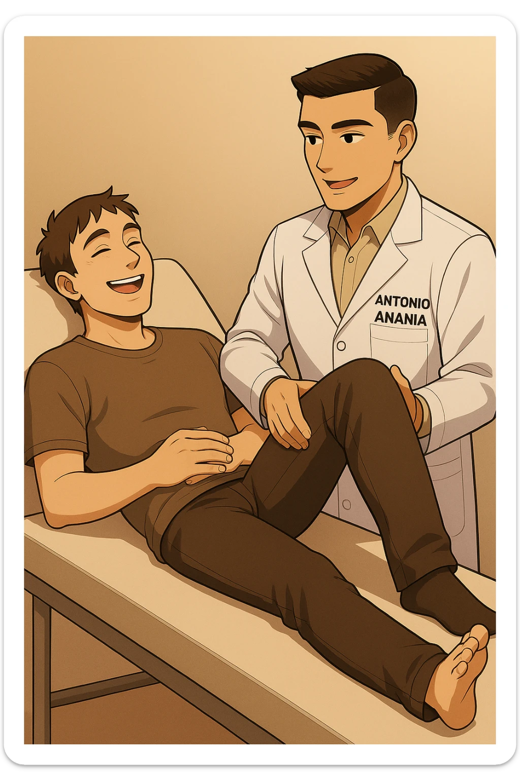 fai un webtoon manga a colori con questo stile, in cui un uomo è steso sul lettino medico e il kinesiologo con il camice bianco (fagli anche la scritta "ANTONIO ANANIA" SUL CAMICE, gli solleva una gamba per fargli il test neuromuscolare, IL KINESIOLOGO SPIEGA ALL'UOMO UNA cosa mentre gli alza la gamba. l'espressione dell'uomo è felice e soddisfatta, non fare i fumetti però, fai solo in modo che sembri stiano parlando, il lettino fai in modo che si veda tutto intero sticker