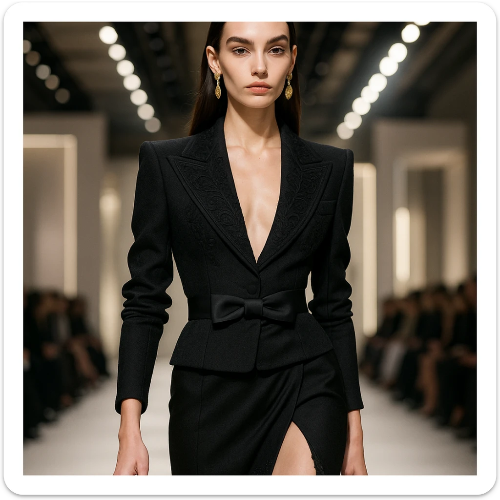 a high-fashion model girl with thin eyebrows, straight dark hair, full lips, and a shapely body, wearing designer clothes sticker