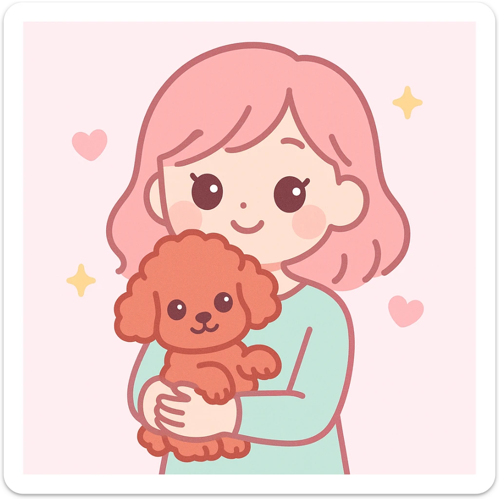 a cute woman holding a red toy poodle, playful and sweet, pastel tones, minimal background sticker
