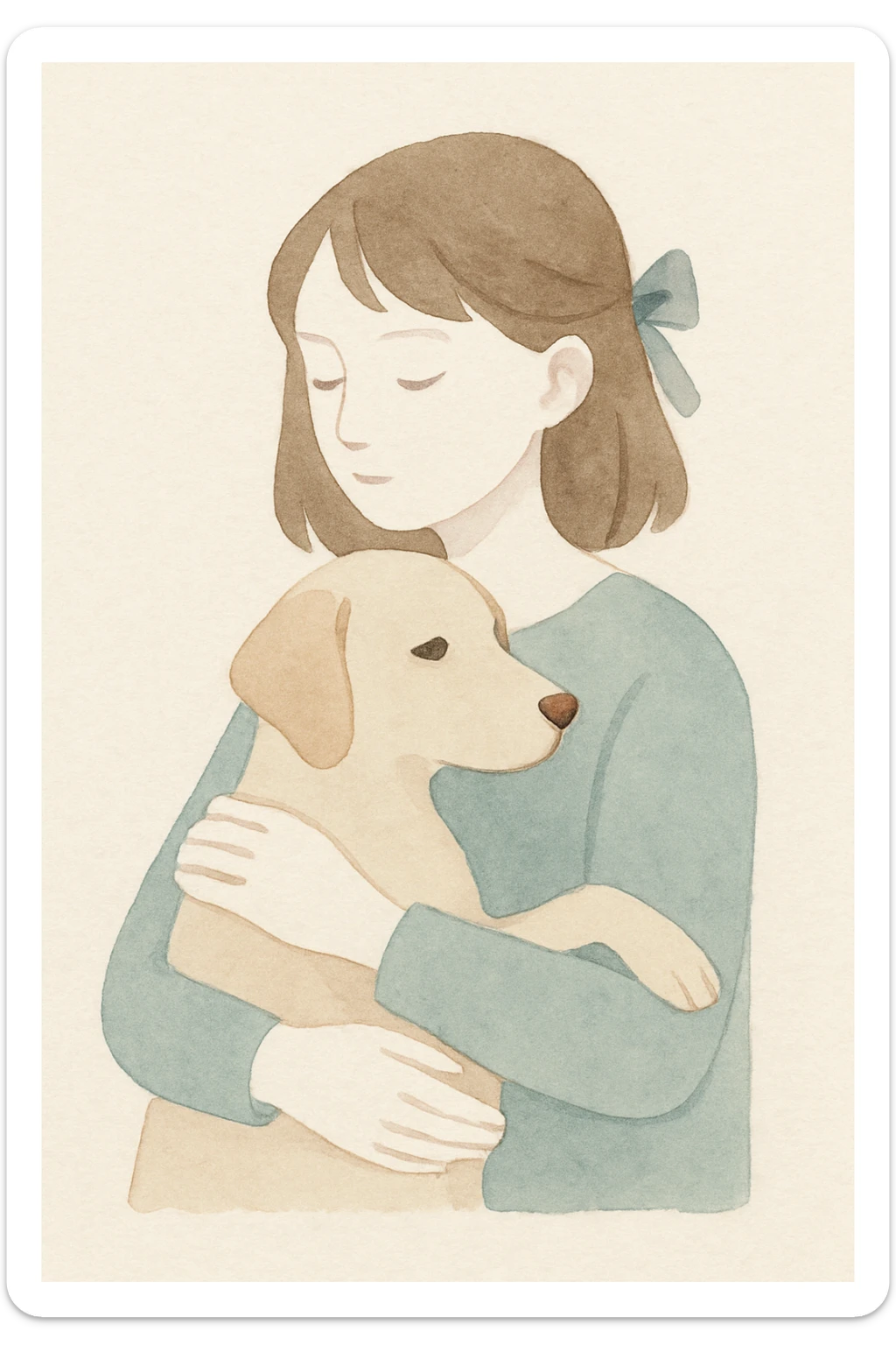 A pale girl with brown shoulder-length hair tied with a ribbon hairclip, holding a dog sticker