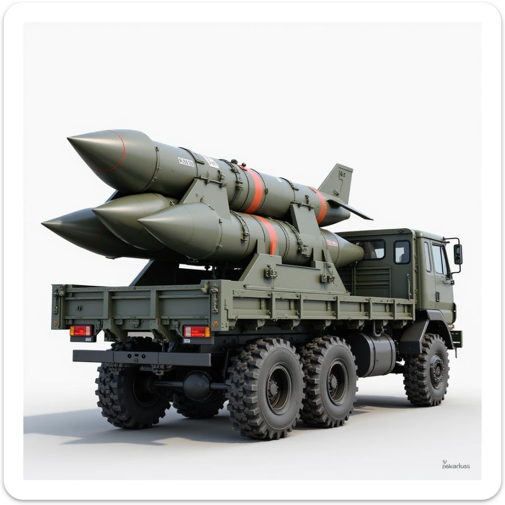 Iskander-M missile system, rocket carrier truck, realistic style, detailed, rear view sticker