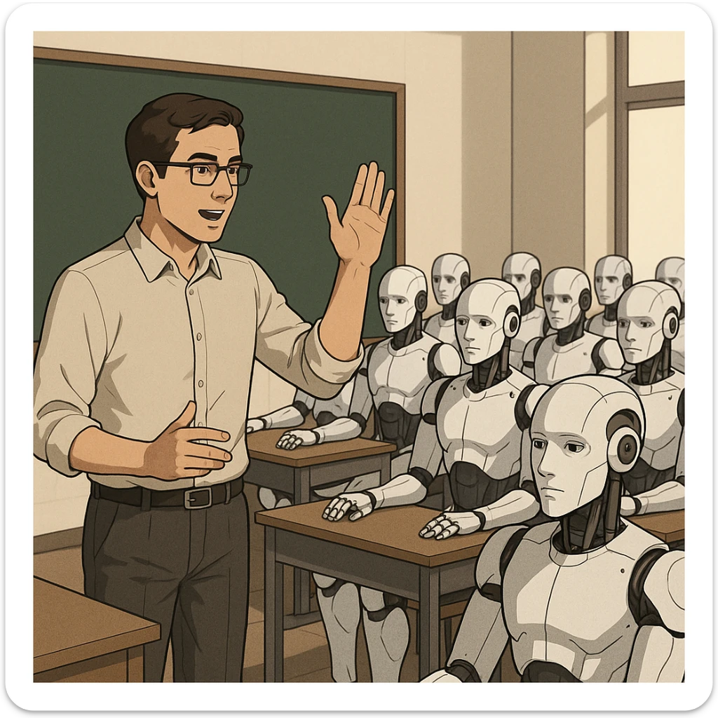 A human teacher standing in front of a classroom of androids, raising a hand to explain a concept sticker