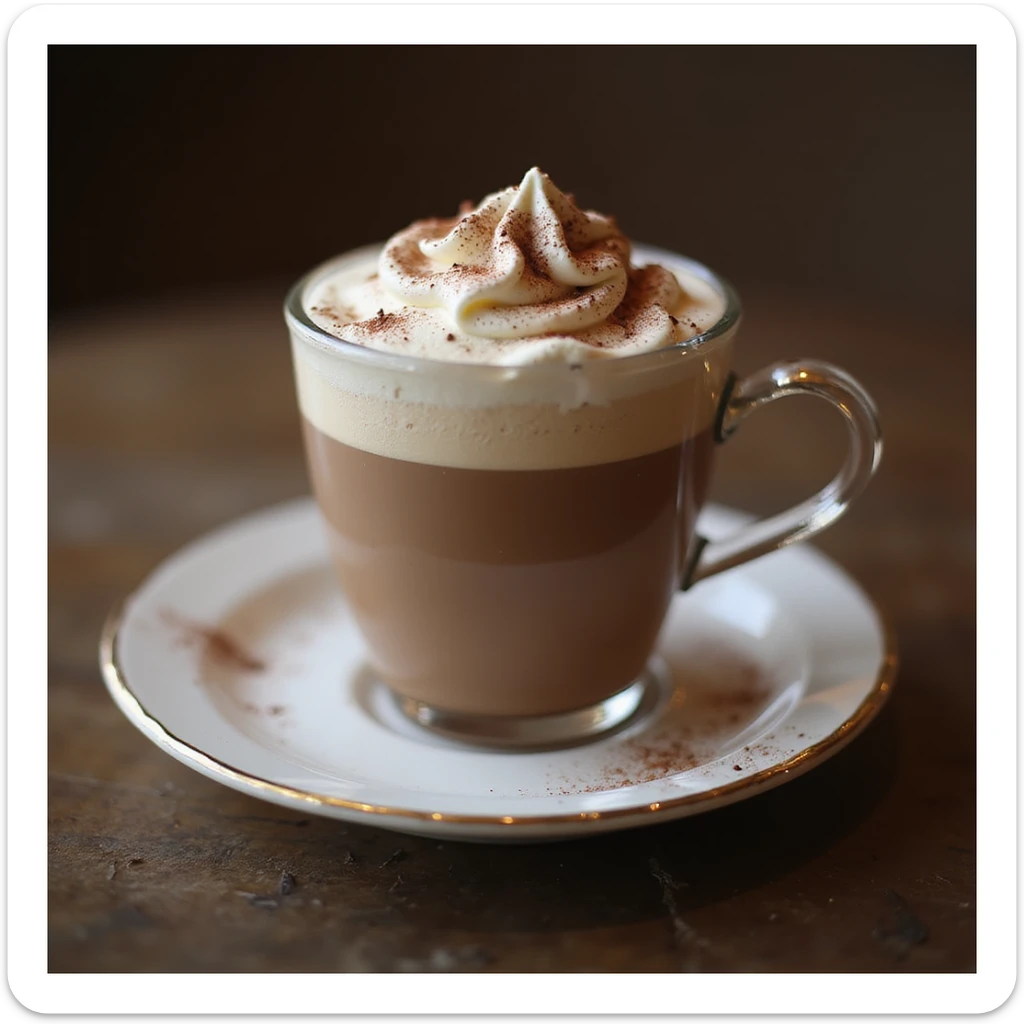 a realistic cup of mocha, photorealistic style, topped with whipped cream and cocoa powder, elegant saucer, warm lighting sticker