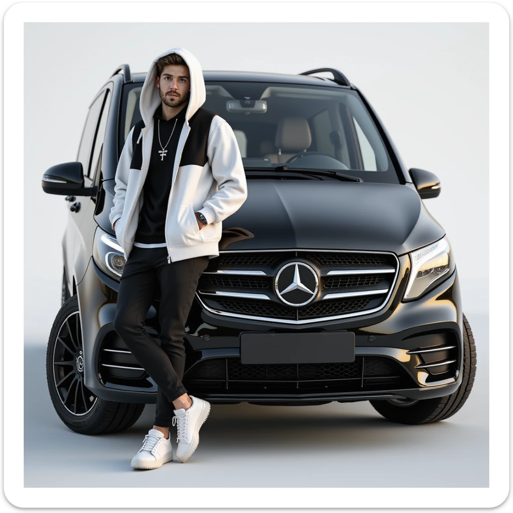 cool male character in white sneakers, black pants, white hoodie, black vest, hood up, leaning on a black 2024 Mercedes-Benz V-Class Extra Long 300 d, photorealistic style sticker