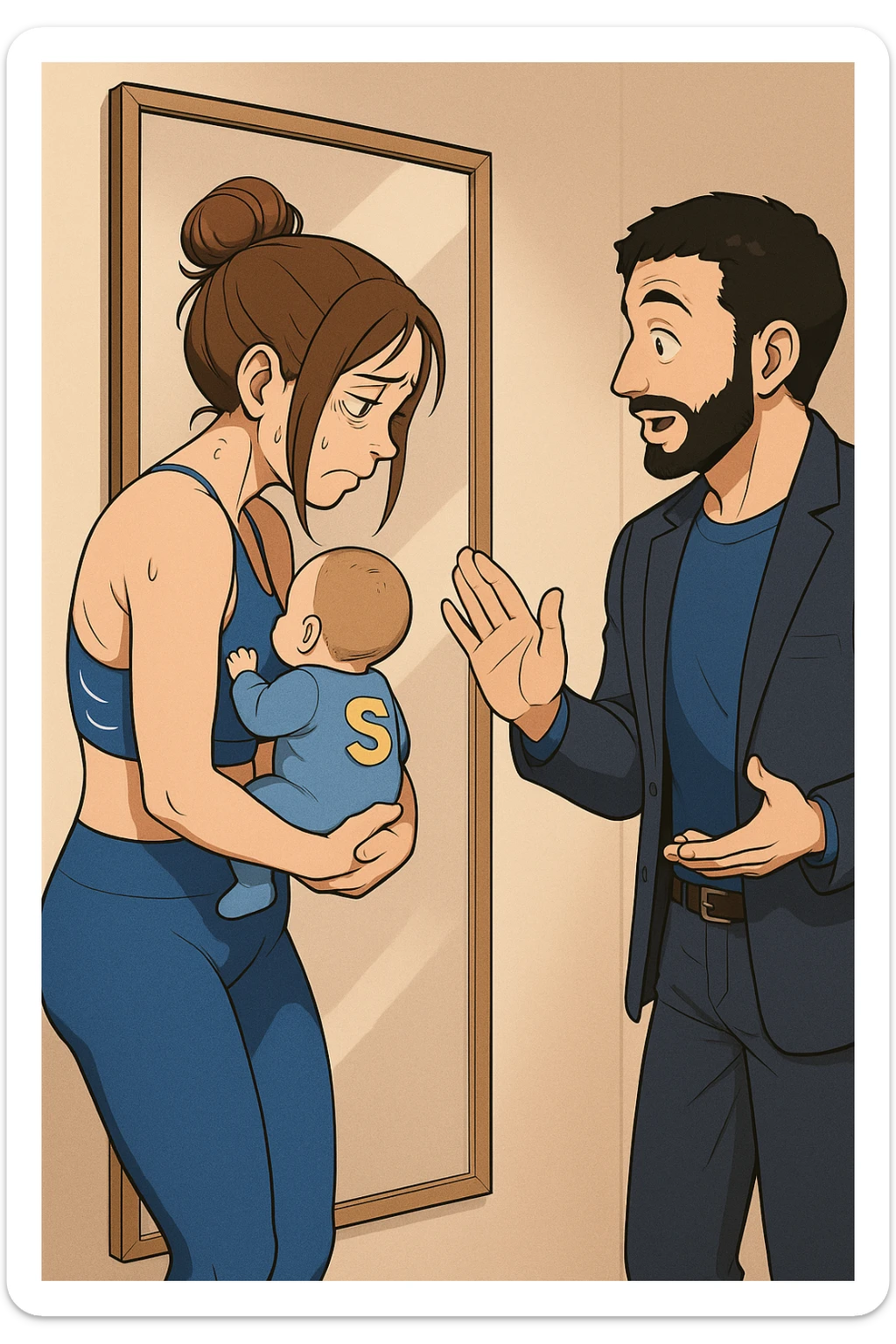 ispirati a questo stile di disegno e fai questa immagine in versione manga/webtoon a colori, il manga mostra la donna che si guarda alla specchio preoccupata di profilo con la postura sbagliata e incurvata, spalle chiuse e curve in avanti, con un neonato in braccio con una tutina azzurra e la scritta "S" sulla schiena, spina dorsale storta della donna in evidenza mentre al suo fianco anche l'uomo guarda la donna riflessa nello specchio e le spiega una cosa, ma non fare i fumetti, fai come se stessero parlando sticker