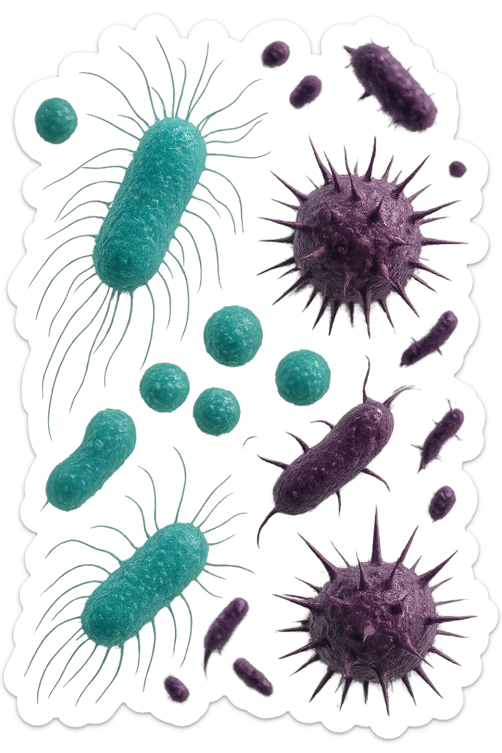 5 BATTERI BUONI E 5 BATTERI CATTIVI FLUTTUANO IN ARIA, I BATTERI BUONI FALLI TURCHESI, I BATTERI CATTIVI FALLI VIOLA, IPERREALISTICO 4K, NON DISEGNATO sticker