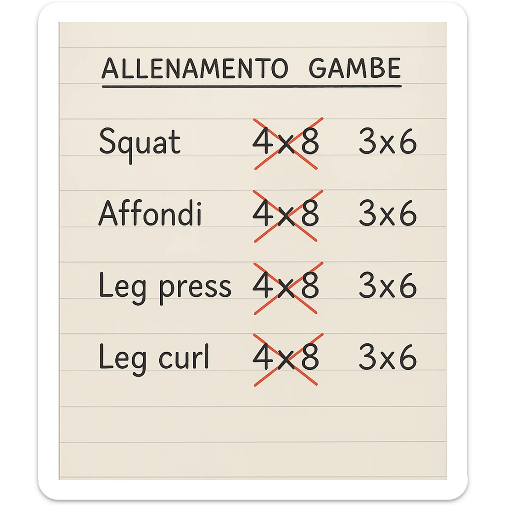 foglio di carta con scheda di allenamento gambe in italiano con volume di allenamento ridotto (fai alcuni esercizi con 4x8 scritti in precedenza sbarrati in rosso e la correzione accanto tipo 3x6), scrivila al meglio che puoi sticker