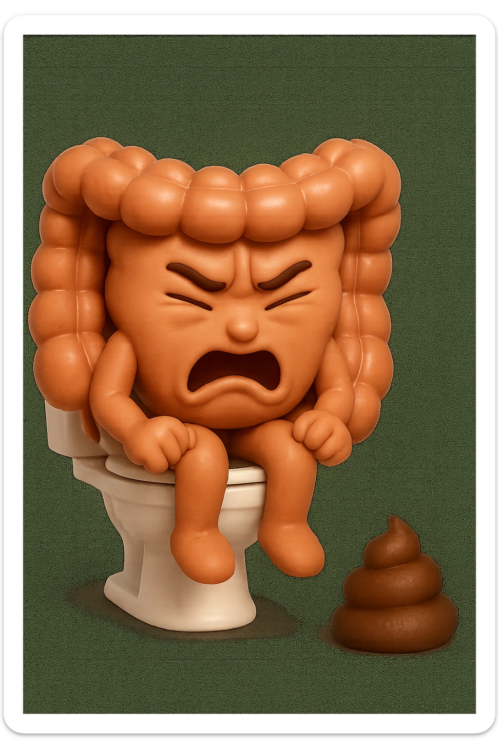 SU QUESTO STILE FAI UN EMOJI STILE IPHONE 3D DI UN INTESTINO CHE sta seduto sul wc e davanti ha una montagnetta di feci a palline stile emoji iphone, fallo senza naso e FAGLI UN ESPRESSIONE di dolore mentre si sforza E FALLO MOLTO REALISTICO IN 3D sticker