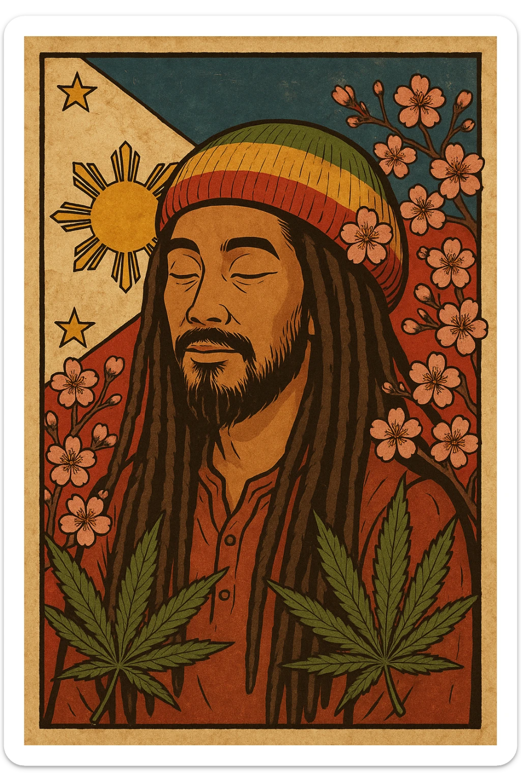 Vintage poster of an Asian Rasta with long dreadlocks, peaceful eyes, and a red-gold-green tam. Surrounded by cherry blossoms and ganja leaves. Background Asian flag. Retro reggae fusion vibe, with bold lines and aged paper texture. Philippines with the actual flag
 sticker