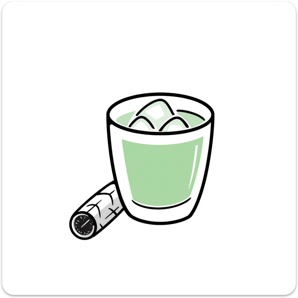 Hand-drawn glass of sugarcane juice with ice cubes, light green liquid, and a piece of sugarcane beside it sticker