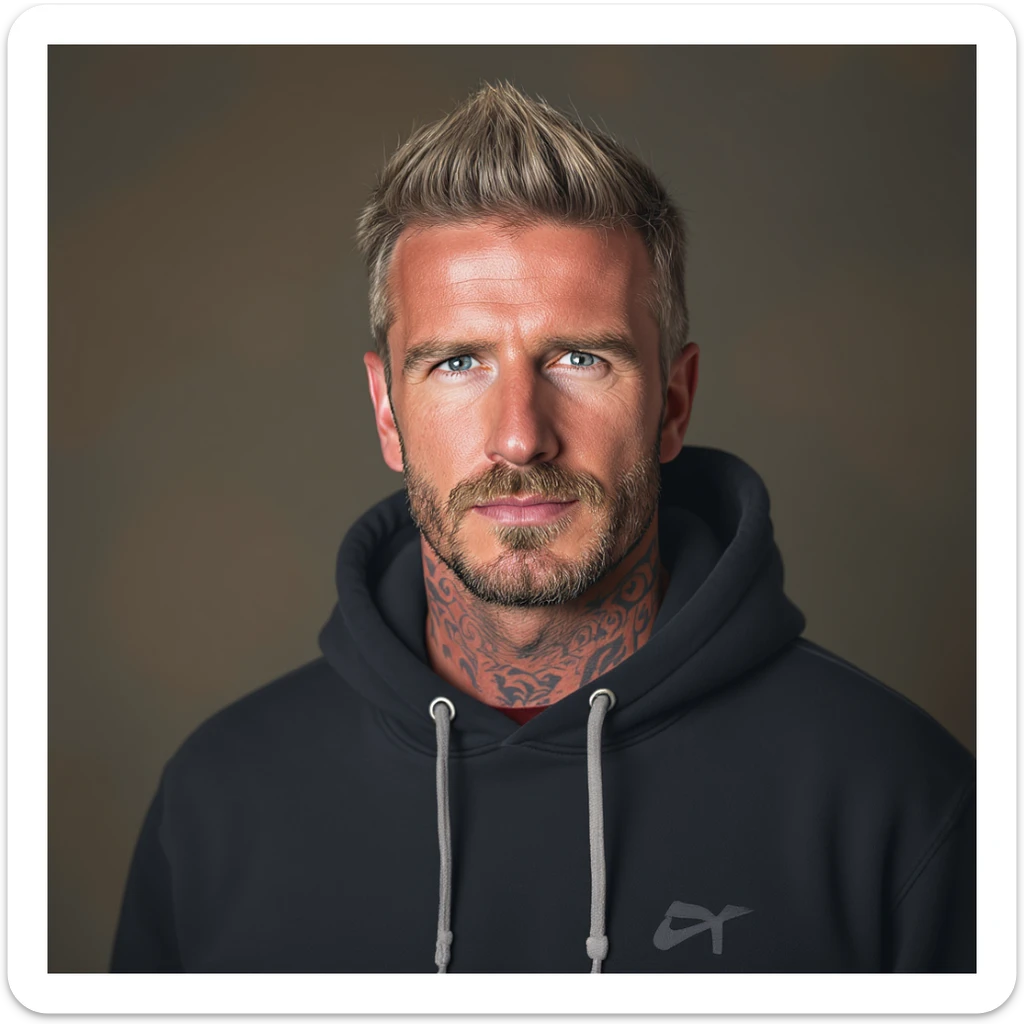 realistic illustration of David Beckham, casual outfit, tattoos visible, modern and fashionable sticker