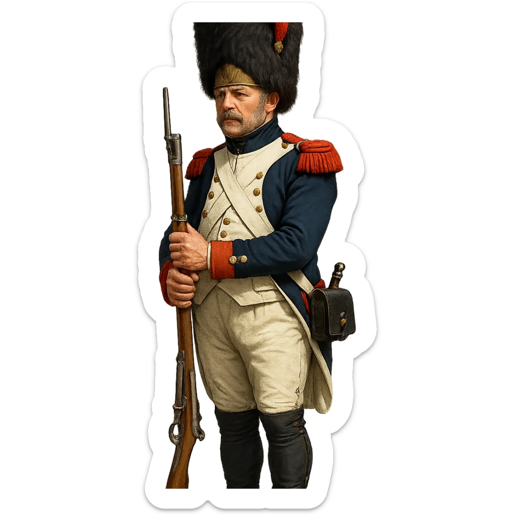 Vieille Garde soldier, Napoleonic era, holding musket, blue and white uniform, bearskin hat, historical sticker