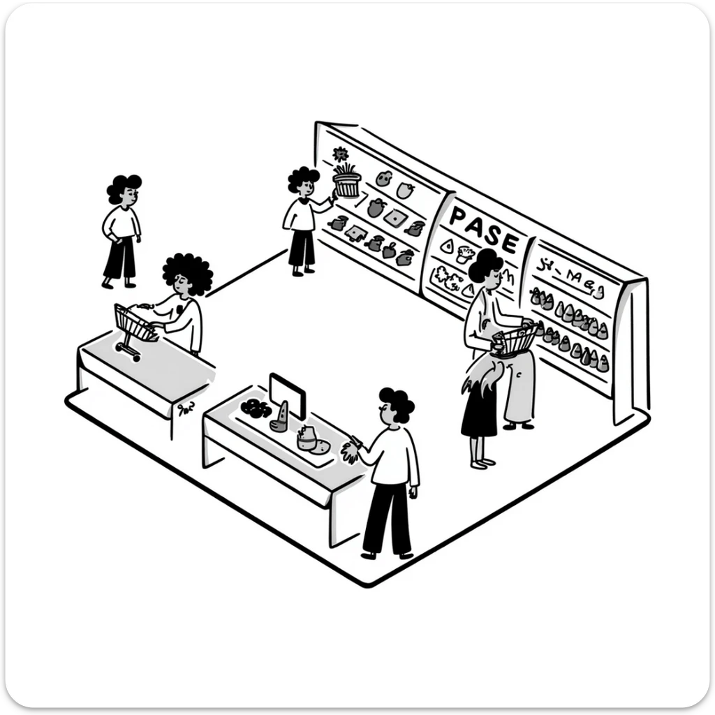 Isometric view of a supermarket interior with grocery aisles, shoppers, and cash registers sticker