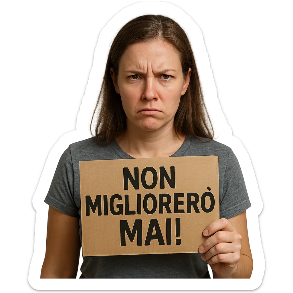DONNA CHE TIENE UN CARTELLO IN MANO CON LA SCRITTA "NON MIGLIORERò MAI!", iperrealistico 4k sticker