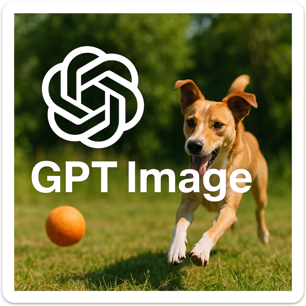  logo of chat gpt with text "GPT Image" on the background of a dog chasing ball, realistic image sticker