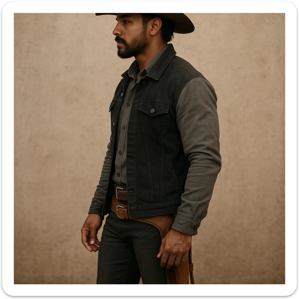 full body side view of a male cowboy with brown skin, brown eyes, medium musculature, beard and goatee, wearing a brown leather hat, gray shirt, black and gray jacket sticker