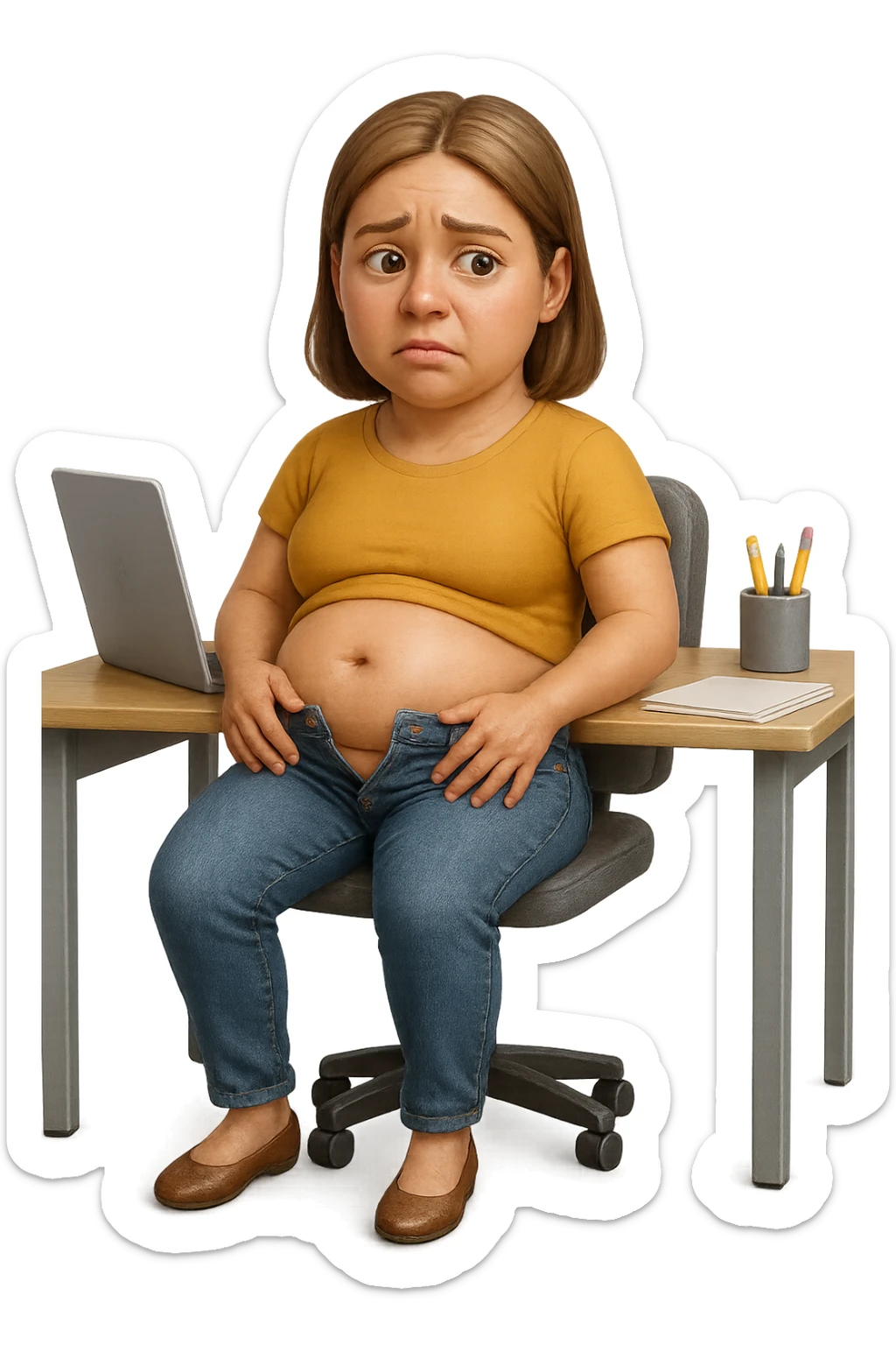 emoji stile iphone di una donna seduta alla scrivania dell'ufficio con i pantaloni sbottonati perché ha la pancia gonfia, falla a corpo intero, iperrealistico 4k sticker