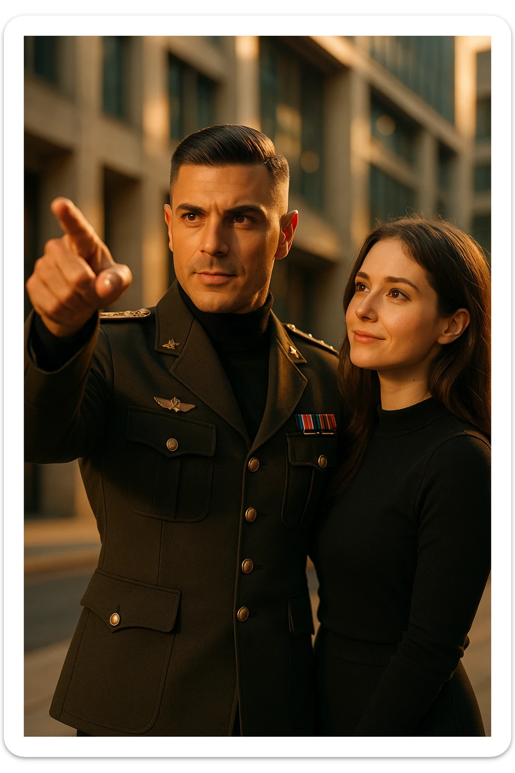 A confident man standing in front of a woman, gently pointing forward with a clear direction, showing leadership and confidence, the man is dressed sharply like a commander, the woman looks at him with trust, warm sunlight, cinematic lighting, high-resolution, realistic details, elegant urban background, depth of field, 50mm lens look. sticker