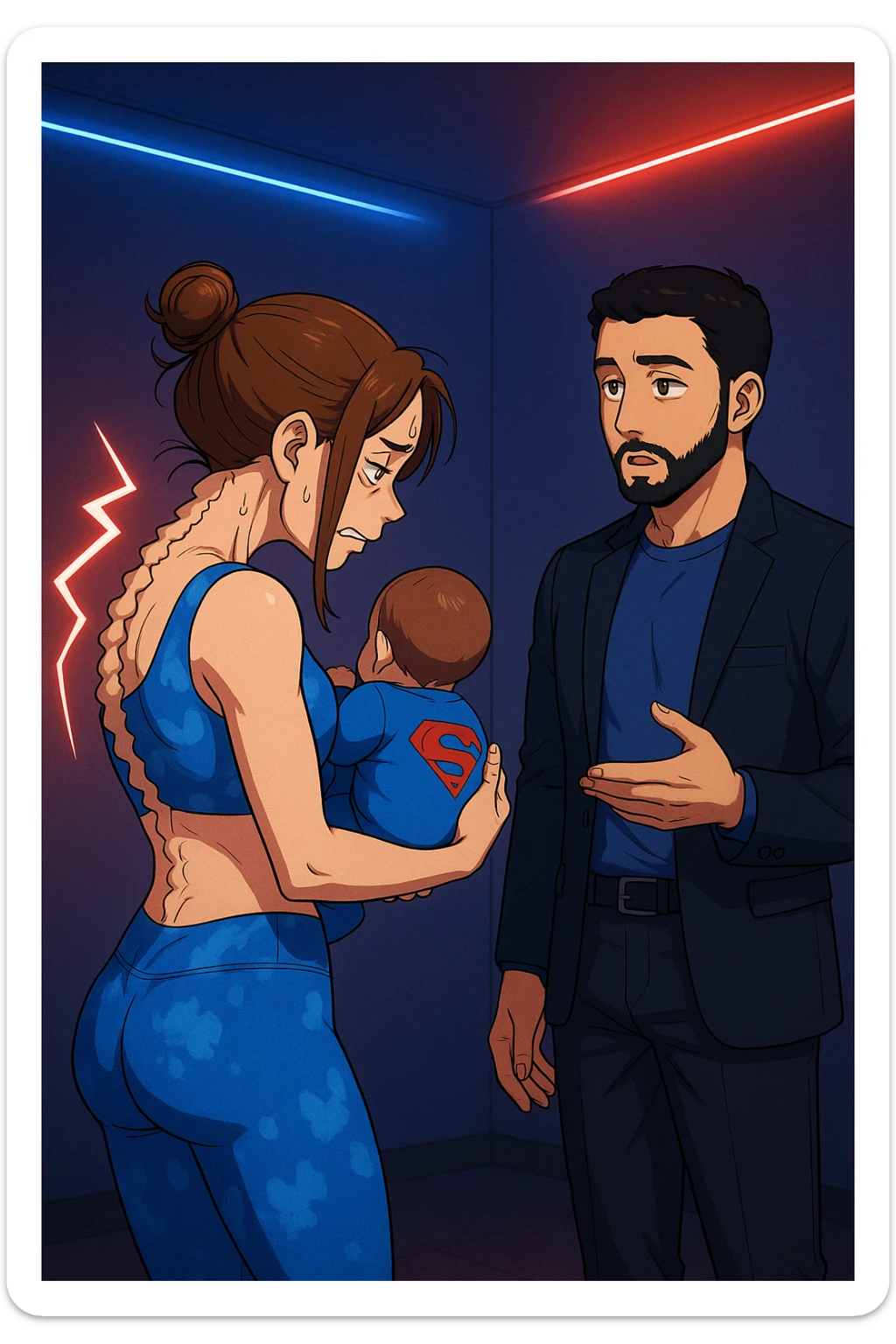 ispirati a questo stile di disegno e fai questa immagine in versione manga/webtoon a colori, il manga mostra la donna preoccupata di profilo con la postura sbagliata e incurvata, spalle chiuse e curve in avanti, con un neonato in braccio con una tutina azzurra e la scritta "S" sulla schiena, spina dorsale storta della donna in evidenza mentre ascolta l'uomo mentre l'uomo gli sta spiegando una cosa, ma non fare i fumetti, fai come se stessero parlando sticker