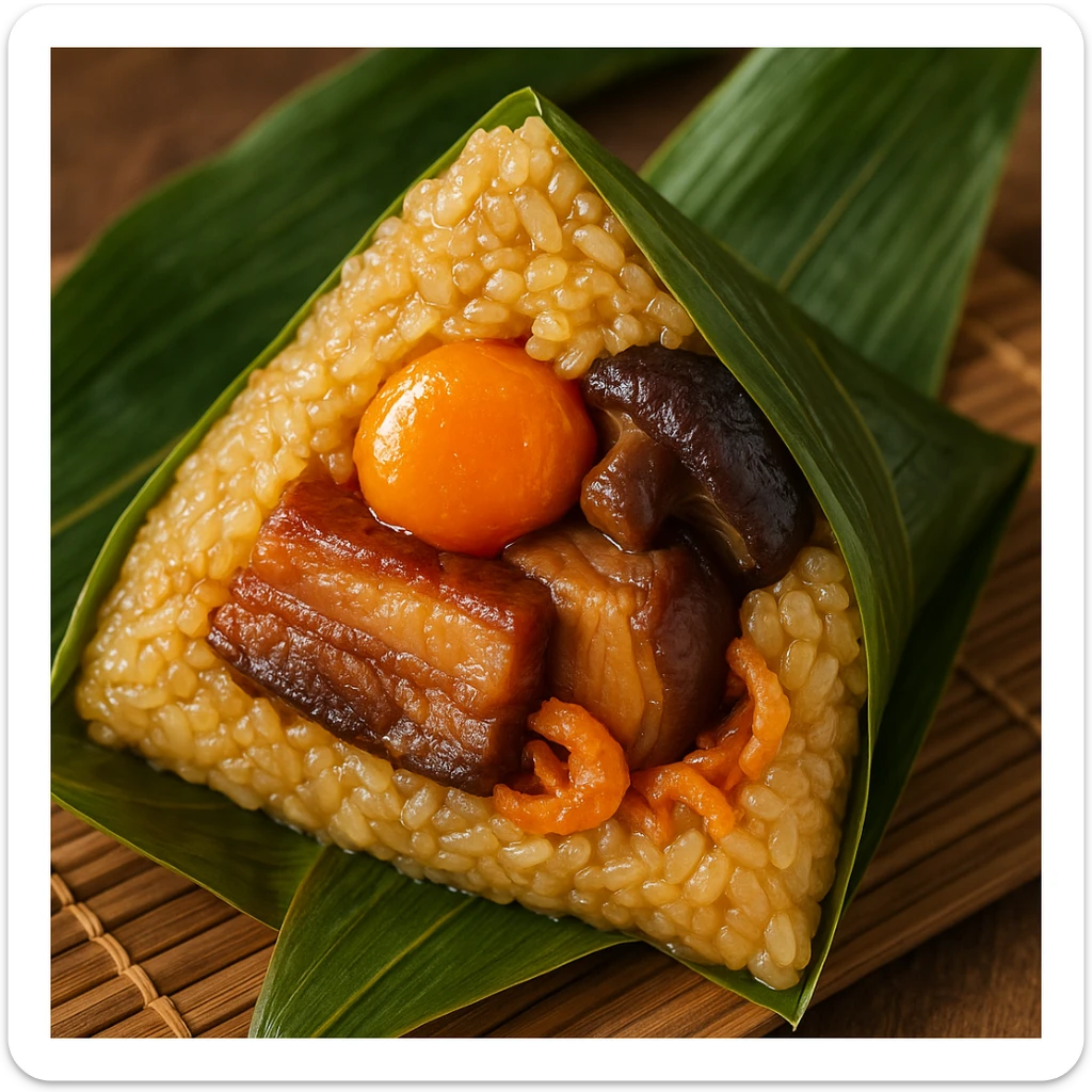 A close-up of a zongzi cut open, showing sticky rice, salted egg yolk, braised pork belly, mushroom, and dried shrimp, wrapped in green bamboo leaves, festive for Dragon Boat Festival. sticker