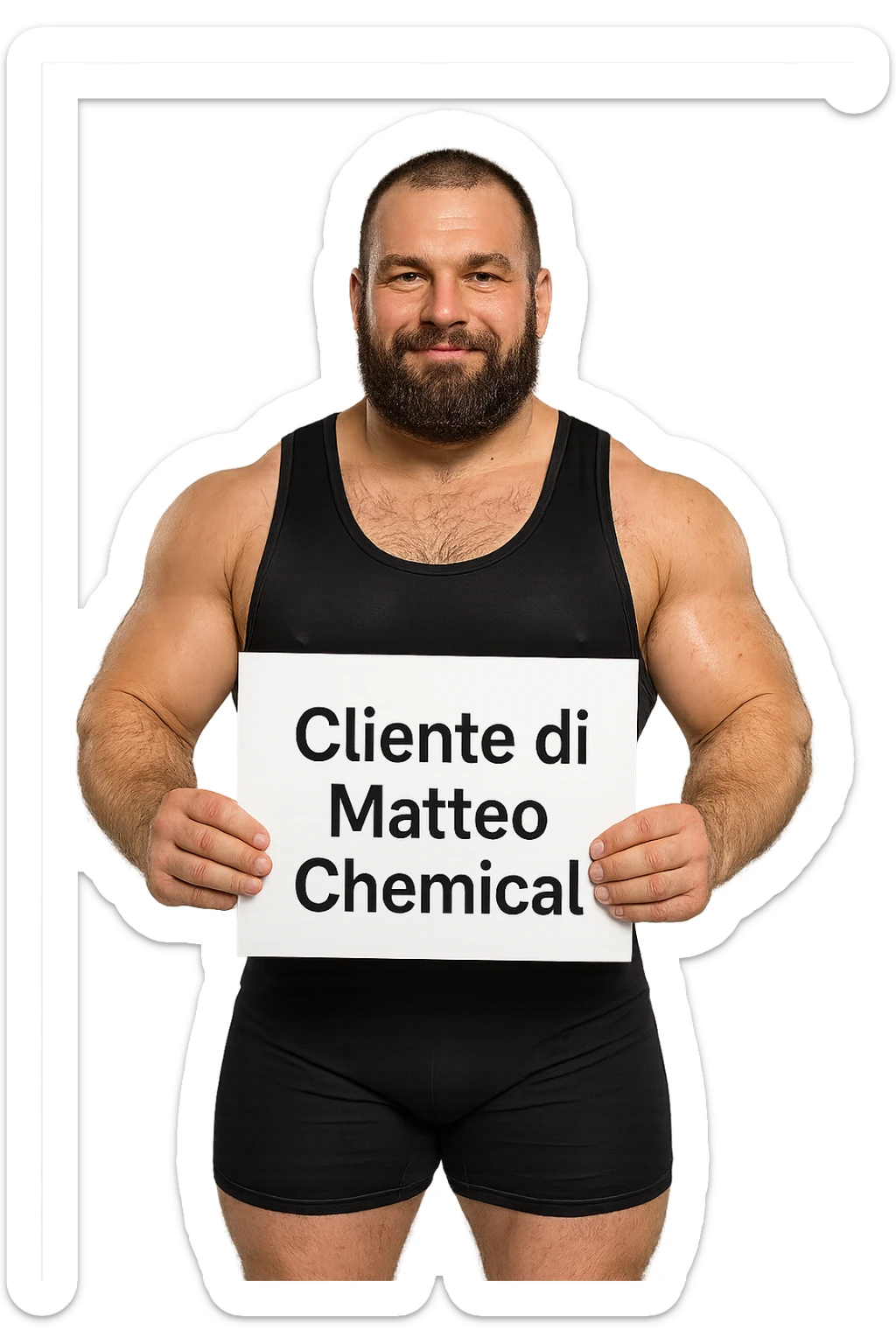 Powerlifter con in mano una targa o un foglio con scritto "Cliente di Matteo Chemical" sticker