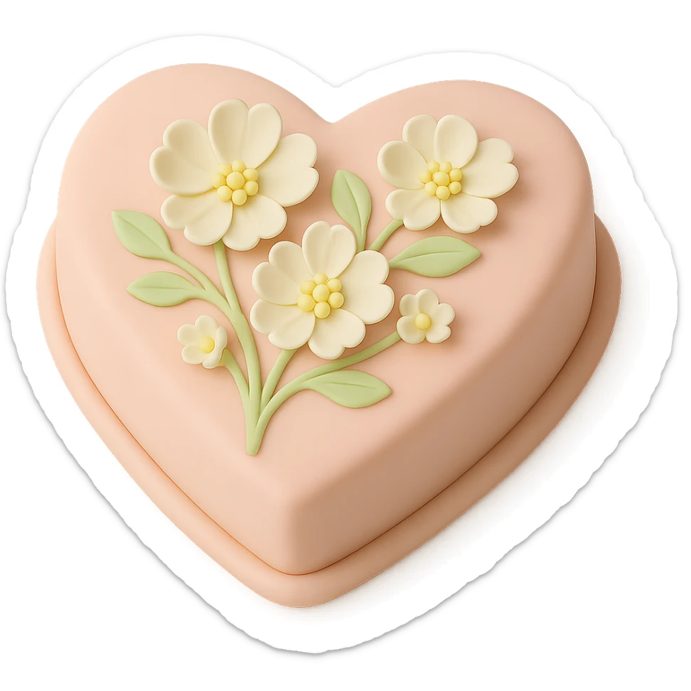 Remove the birthday candles, keep only the heart-shaped fondant cake with white flowers, fondant cake art style, transparent background. sticker