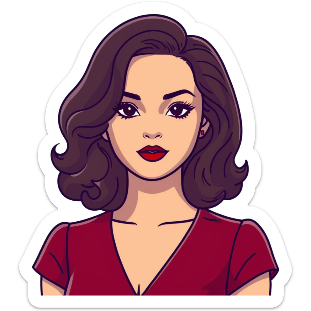 High-profile artistic woman with radiant complexion, long voluminous dark hair with soft waves, large almond eyes with bold eyeliner, defined brows, glamorous red lipstick, wearing sophisticated wine red velvet dress with V-neckline, elegant confident expression sticker