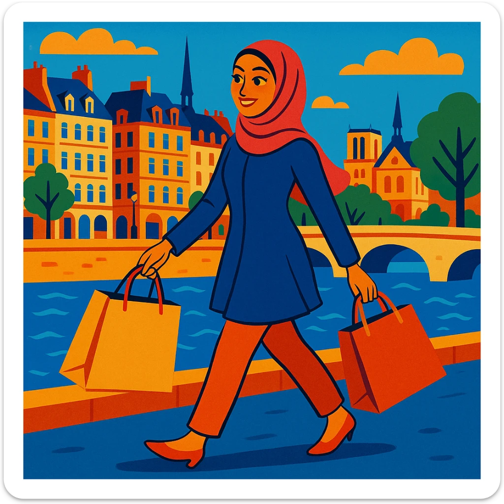 A hijabi woman walking along the Seine River in Paris, holding shopping bags, with Parisian architecture in the background, elegant and lively. sticker
