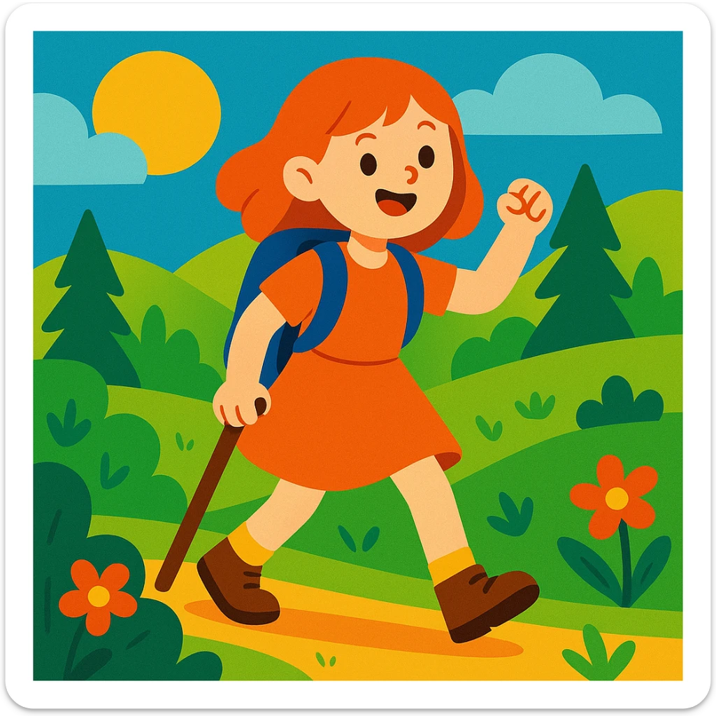 cheerful girl hiking outdoors wearing a dress, vibrant colors, nature setting sticker