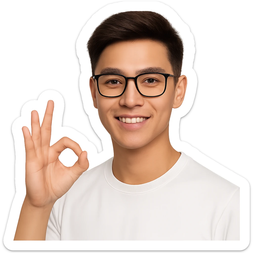 a young Asian man with cool brown short hair, wearing black framed glasses, a white top, making an OK gesture with his right hand, and smiling confidently sticker