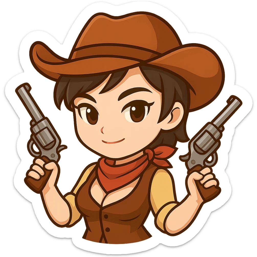 Edit this chibi cowgirl to cover her chest with a buttoned-up shirt or vest, keeping the cowboy hat, short hair, western outfit, and two guns. Maintain the chibi/anime style and confident pose. Transparent background, sized for Twitch or Discord use. sticker